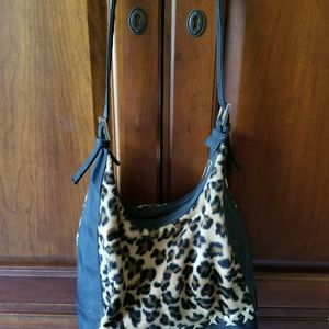 Leopard print fuzzy crisscross stitch handbag